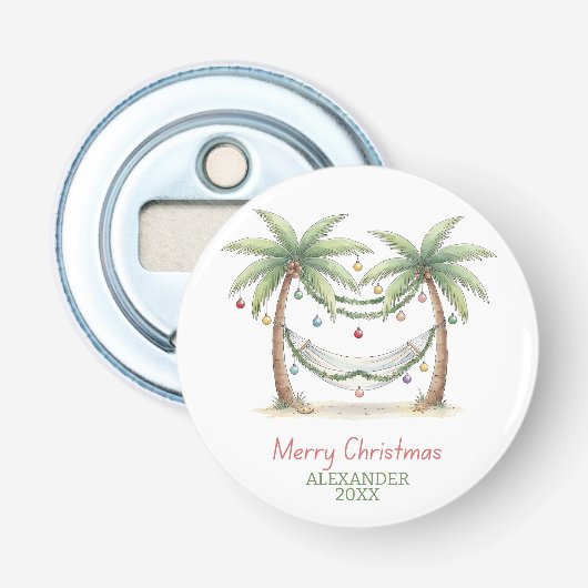 Kust Kerst Palmboom Met Hangmat Button Flesopener (Voorkant)