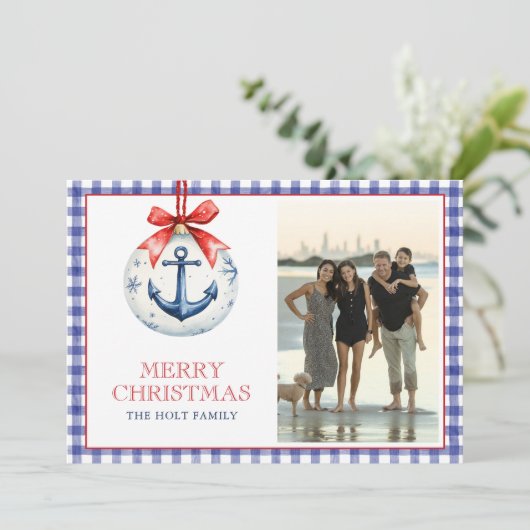 Kust Kerst Starfish Ornament Gingham Foto Feestdagenkaart (Staand voorkant)