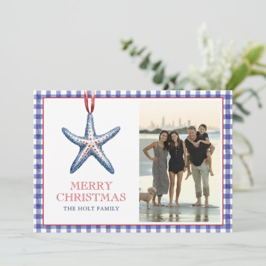 Kust Kerst Starfish Ornament Gingham Foto Feestdagenkaart (Staand voorkant)