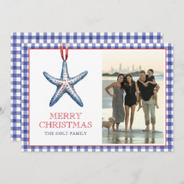 Kust Kerst Starfish Ornament Gingham Foto Feestdagenkaart