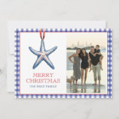 Kust Kerst Starfish Ornament Gingham Foto Feestdagenkaart (Voorkant)