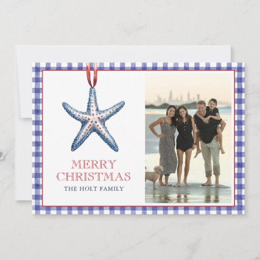 Kust Kerst Starfish Ornament Gingham Foto Feestdagenkaart (Voorkant)