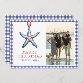 Kust Kerst Starfish Ornament Gingham Foto Feestdagenkaart
