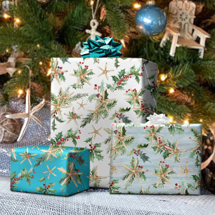 Kust Kerst Tropisch Strand Zeester Blauw Inpakpapier Vel