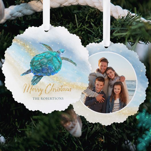 Kust Kerst Zee Schildpad Foto Ornament Kaart