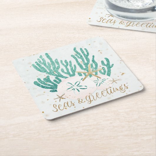 Kust Kerst ZEEEN & Groeten Zeesterren Koraal Kartonnen Onderzetters (Schuin)