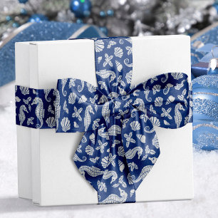 Kust Kerst Zeepaardje Marine Blue Glitter Satijnen Lint