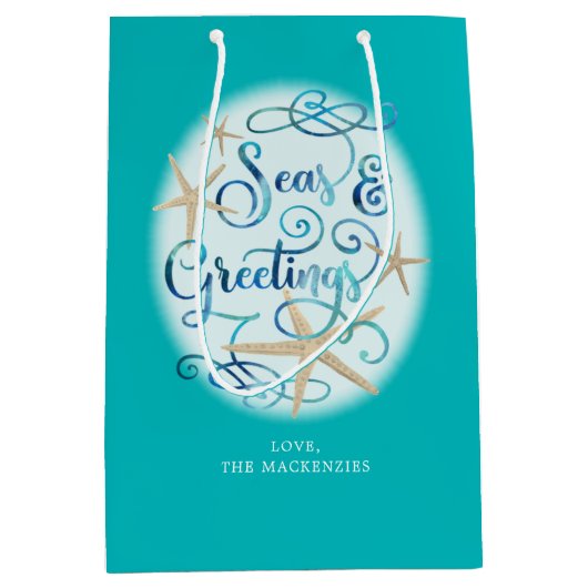 Kust Kerstfeest Zeeen en Groeten Zeesterren Medium Cadeauzakje (Voorkant)