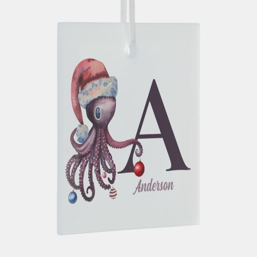 Kust Kerstman Octopus Monogram Naam Glas Ornament (Voorkant Rechts)