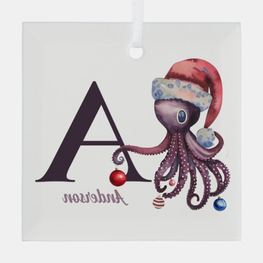 Kust Kerstman Octopus Monogram Naam Glas Ornament (Achterkant)