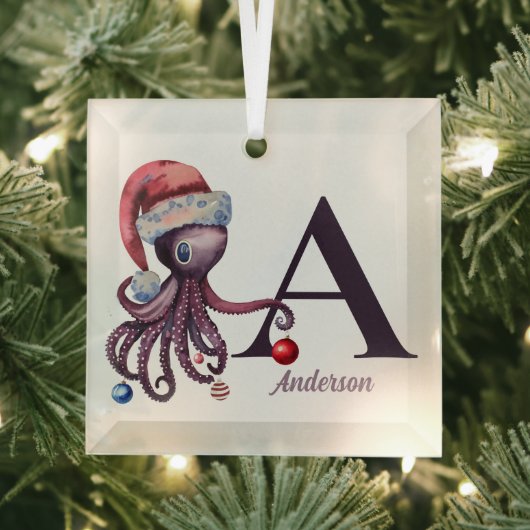 Kust Kerstman Octopus Monogram Naam Glas Ornament (Insitu)