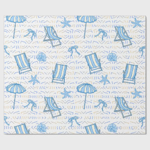 Kust Kerstmis Blauw Aquarel Schelpen Cadeaupapier