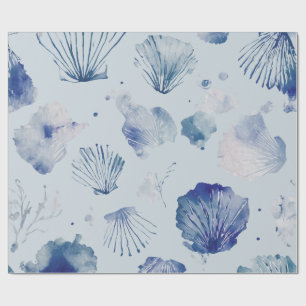 Kust Kerstmis Blauw Aquarel Schelpen Cadeaupapier