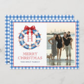 Kust Kerstmis Monogram Krans Gingham Foto Feestdagenkaart (Voorkant / Achterkant)