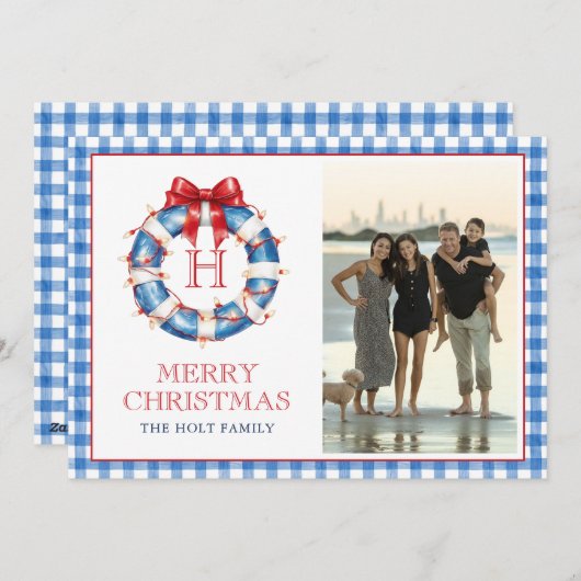 Kust Kerstmis Monogram Krans Gingham Foto Feestdagenkaart (Voorkant / Achterkant)