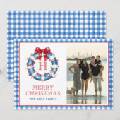 Kust Kerstmis Monogram Krans Gingham Foto Feestdagenkaart (Voorkant / Achterkant)