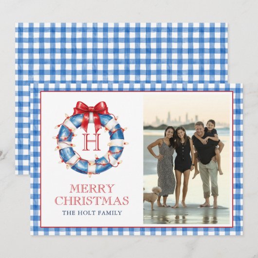 Kust Kerstmis Monogram Krans Gingham Foto Feestdagenkaart (Voorkant / Achterkant)