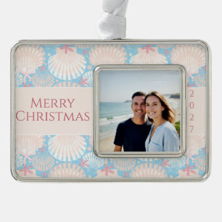 Kust Kerstmis Zeeschelp Zeesterren Foto Verzilverd Omlijst Ornament