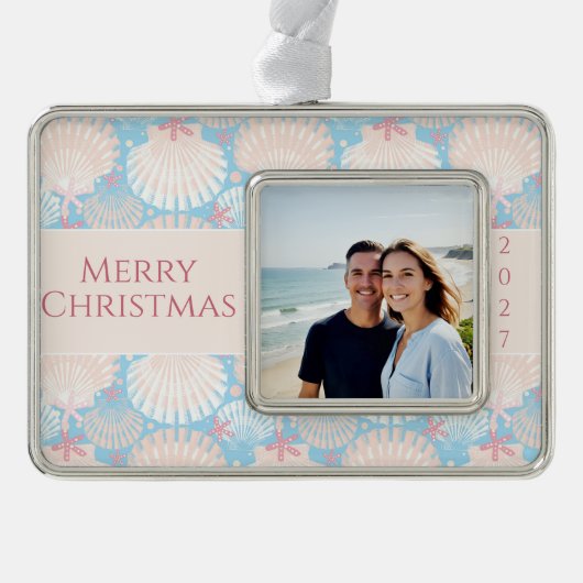 Kust Kerstmis Zeeschelp Zeesterren Foto Verzilverd Omlijst Ornament (Voorkant)