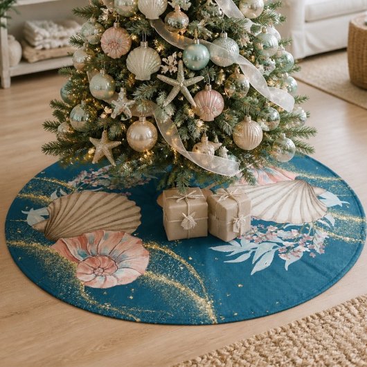 Kust Kerstmis | Zeeschelpen op Teal | Fleece Kerstboom Rok