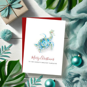 Kust Kerstmis Zeeschildpad Verzorger Aquarel Feestdagenkaart