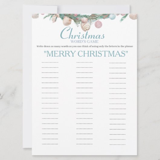 Kust Kerstwoorden spel kaart (Voorkant)