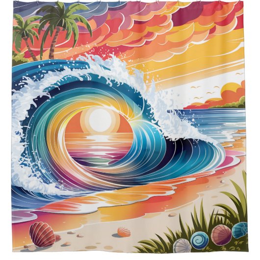 Kust & Kleurrijke Vibrant Sunset Beach Wave Douchegordijn (Voorkant)