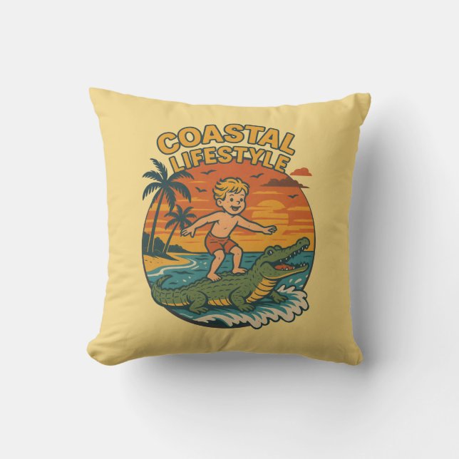 Kust Levensstijl Alligator Surfen | Retro Strand Kussen (Voorkant)