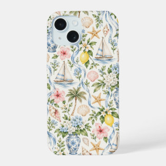 Kust Mediterraan Zeilboot Zeeschelp & Bloemmotief iPhone 15 Case