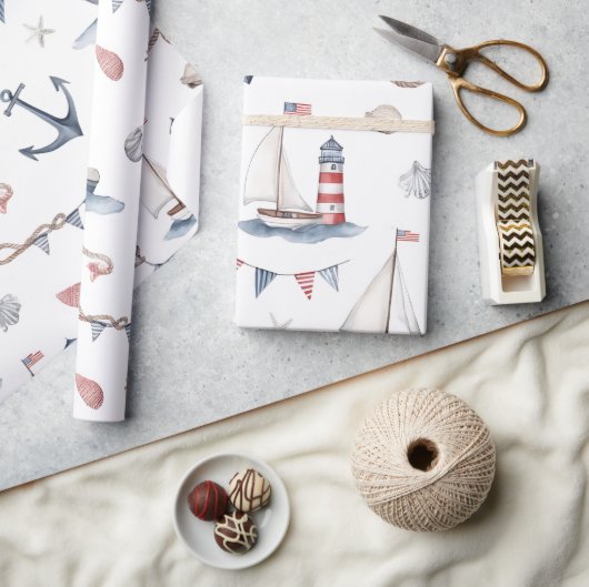 Kust Nautical 4 juli Zeilboten Vuurtoren Cadeaupapier (Crafts)