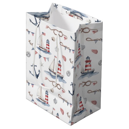 Kust Nautical 4 juli Zeilboten Vuurtoren Medium Cadeauzakje (Voorkant Gekanteld)