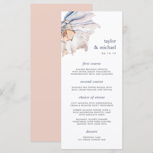 kust | Nautical Seashell Wedding Menu Kaart (Voorkant / Achterkant)