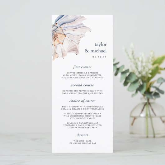 kust | Nautical Seashell Wedding Menu Kaart (Staand voorkant)