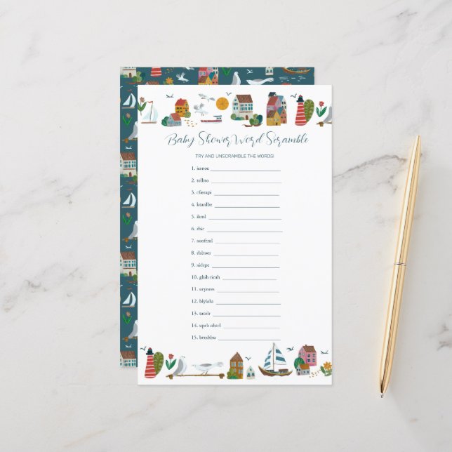 Kust Nautisch Woord Scramble Baby shower spel (Voorkant / Achterkant in situ)