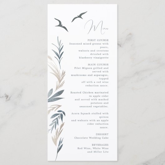 kust nautische gebladerte bruiloft menu (Voorkant)