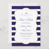 Kust Nautische Marine Stripe Elegante Fotobruiloft Save The Date (Voorkant)