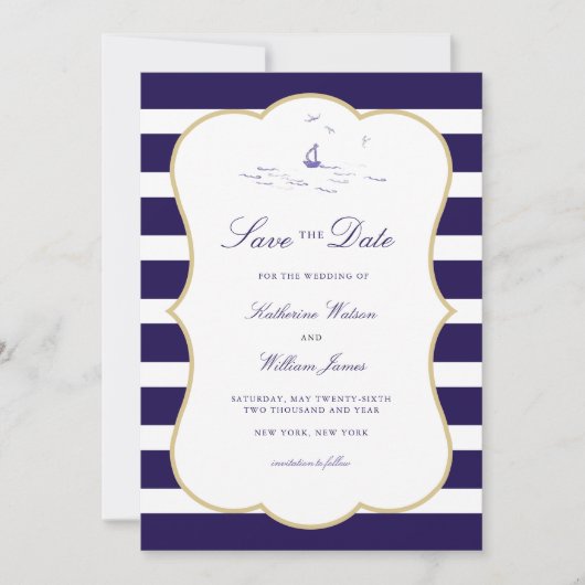 Kust Nautische Marine Stripe Elegante Fotobruiloft Save The Date (Voorkant)