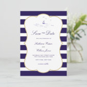 Kust Nautische Marine Stripe Elegante Fotobruiloft Save The Date (Staand voorkant)