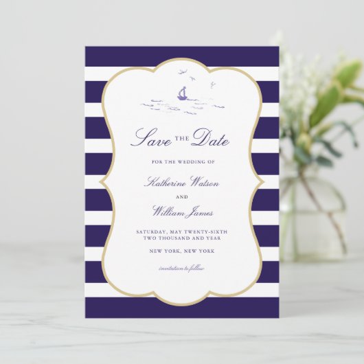 Kust Nautische Marine Stripe Elegante Fotobruiloft Save The Date (Staand voorkant)