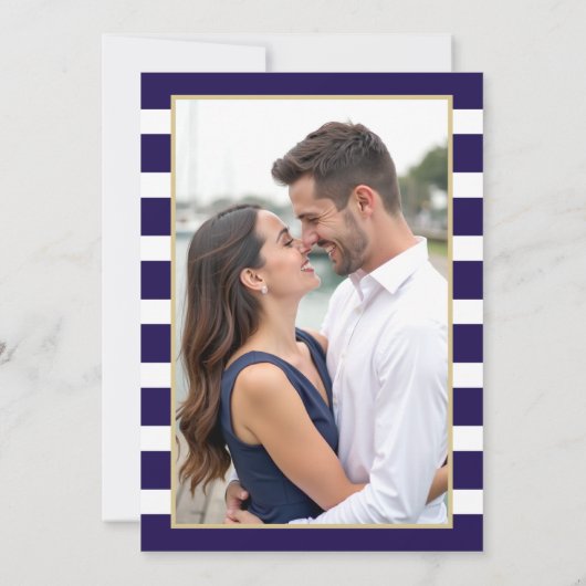 Kust Nautische Marine Stripe Elegante Fotobruiloft Save The Date (Achterkant)