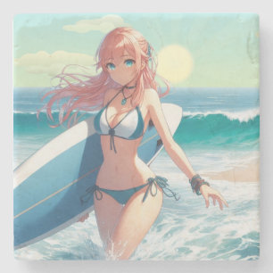 Kust/nautische/tropische anime surfermeisje stenen onderzetter