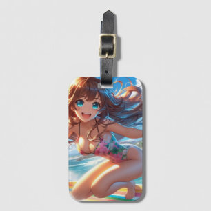 Kust/nautische/tropische anime surfmeisje bagagelabel