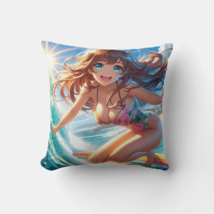 Kust/nautische/tropische anime surfmeisje kussen