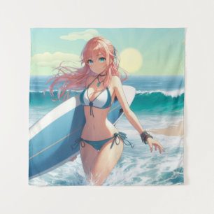 Kust/nautische/tropische anime surfmeisje wandkleed