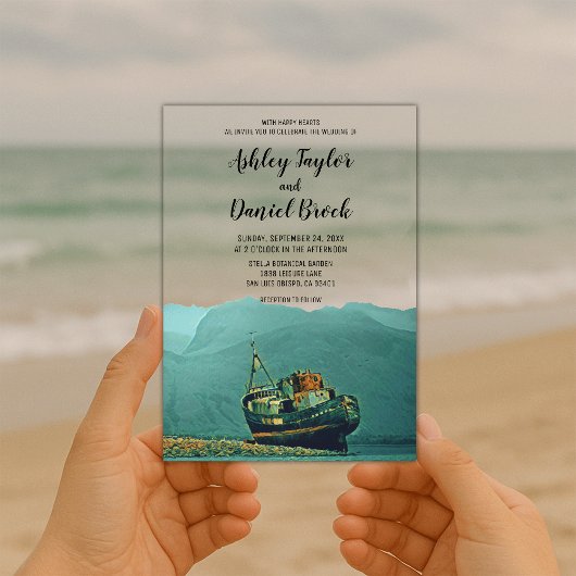 kust Navy Boat Destination Wedding Acryl Uitnodigingen
