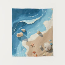 Kust Oceaan Golven & Schelpen Strand Muur Tapijt