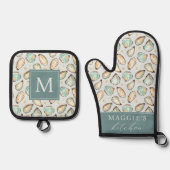 Kust Oester Schelp Monogram Ovenwant & Pannenlap Set (Voorkant)