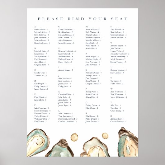 Kust Oyster Alfabetische bruiloft Zitting Grafiek Poster (Voorkant)