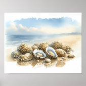 Kust Oyster Shells Waterverf Beach Art Poster (Voorkant)