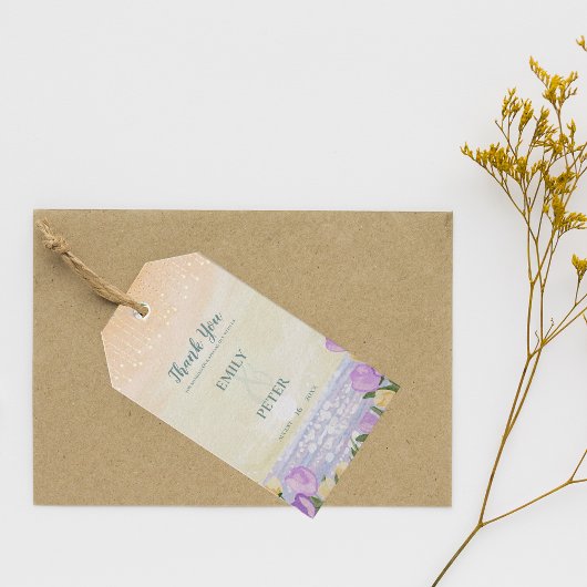 Kust Paarse Strand Bloem Bruiloft Dank Je Cadeaulabel